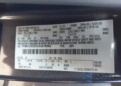 2018 Ford Escape Se from USA, damaged, VIN 1FMCU0GD3JUA78062